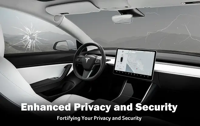 Interior view of a Tesla with cracked and shattered side windows, emphasizing the importance of window film protection. Text reads “Enhanced Privacy and Security” with the subheading “Fortifying Your Privacy and Security.”