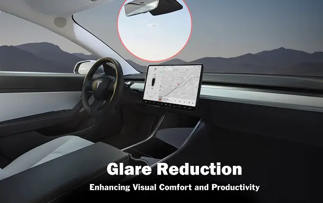 Interior of a Tesla with a highlighted glare spot on the windshield, set against a mountain backdrop. Text reads “Glare Reduction – Enhancing Visual Comfort and Productivity.”