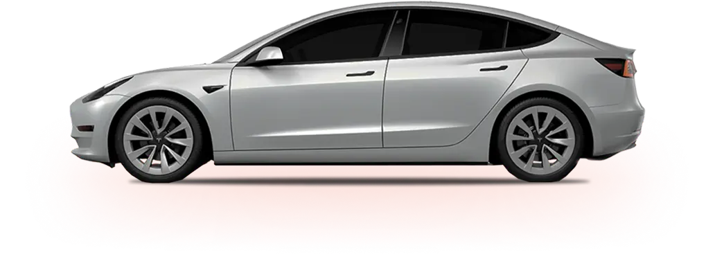 Silver Tesla Model 3 with 15% window tint, viewed from the side, placed over a red glowing background to highlight the tint darkness.