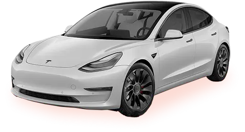 White Tesla Model 3 with tinted windows and black wheels, displayed on a transparent background with a red glow underneath.