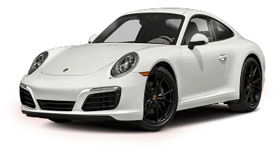 White Porsche 911 with dark tinted windows and black wheels, positioned at a slight angle over a red glowing background.