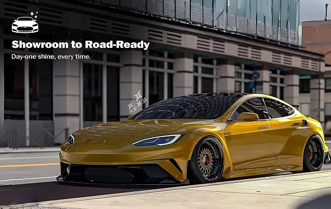 Gold Tesla Model S with custom wheels parked on a city street in front of a modern building, featuring a sparkling finish and the text “Showroom to Road-Ready” promoting long-lasting shine.