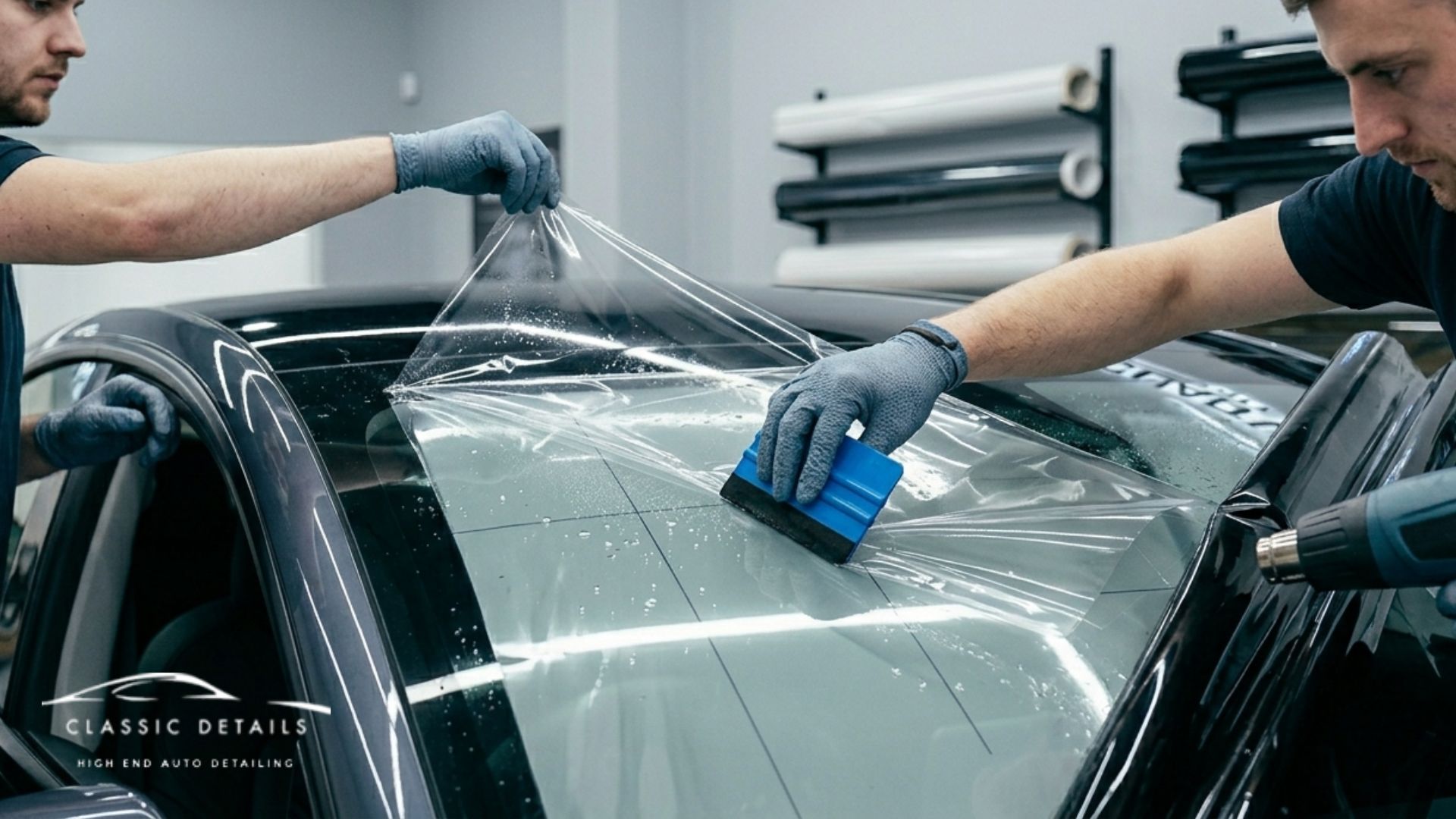Two technicians apply clear film to a car rear window using a blue squeegee inside an auto detailing shop. The photo includes the logo text "Classic Details High End Auto Detailing" and shows a careful window tint installation process.