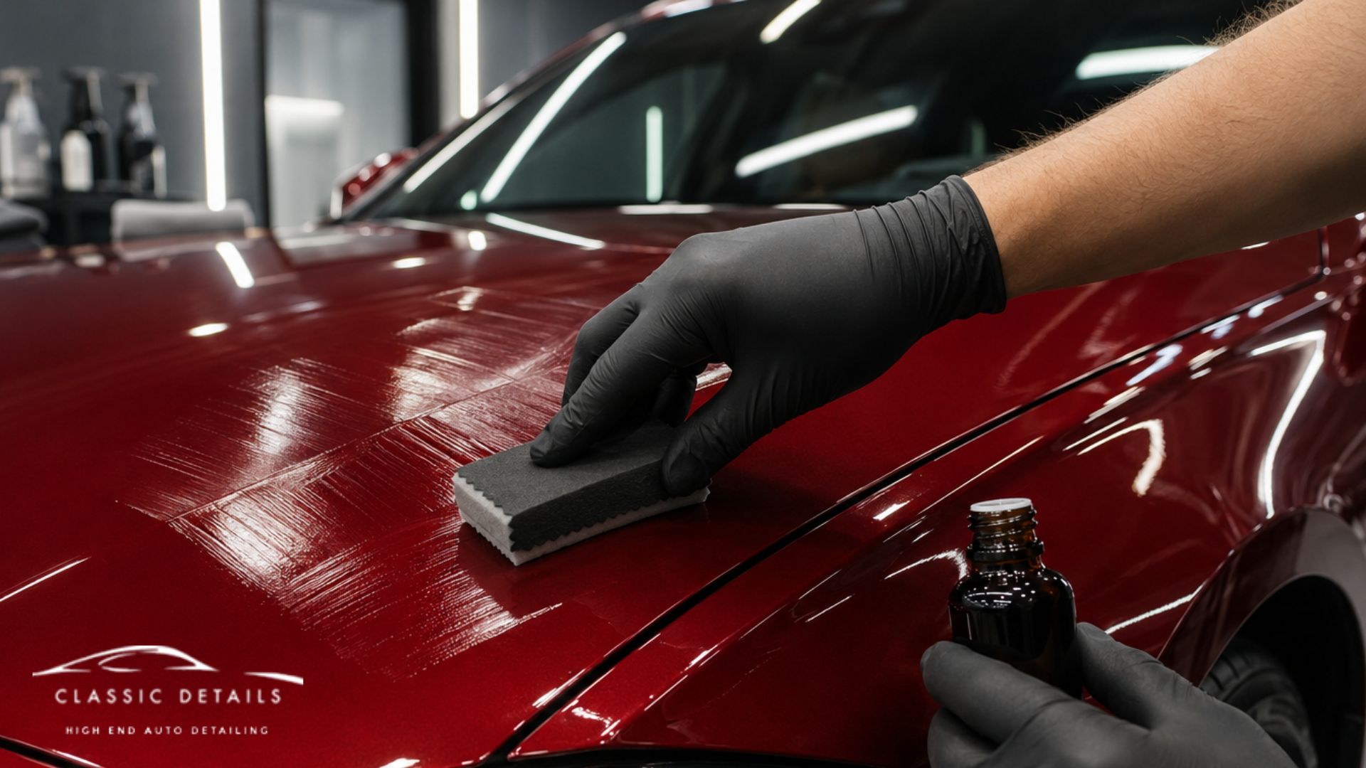 A technician in black gloves applies ceramic coating to the hood of a red vehicle with an applicator block.