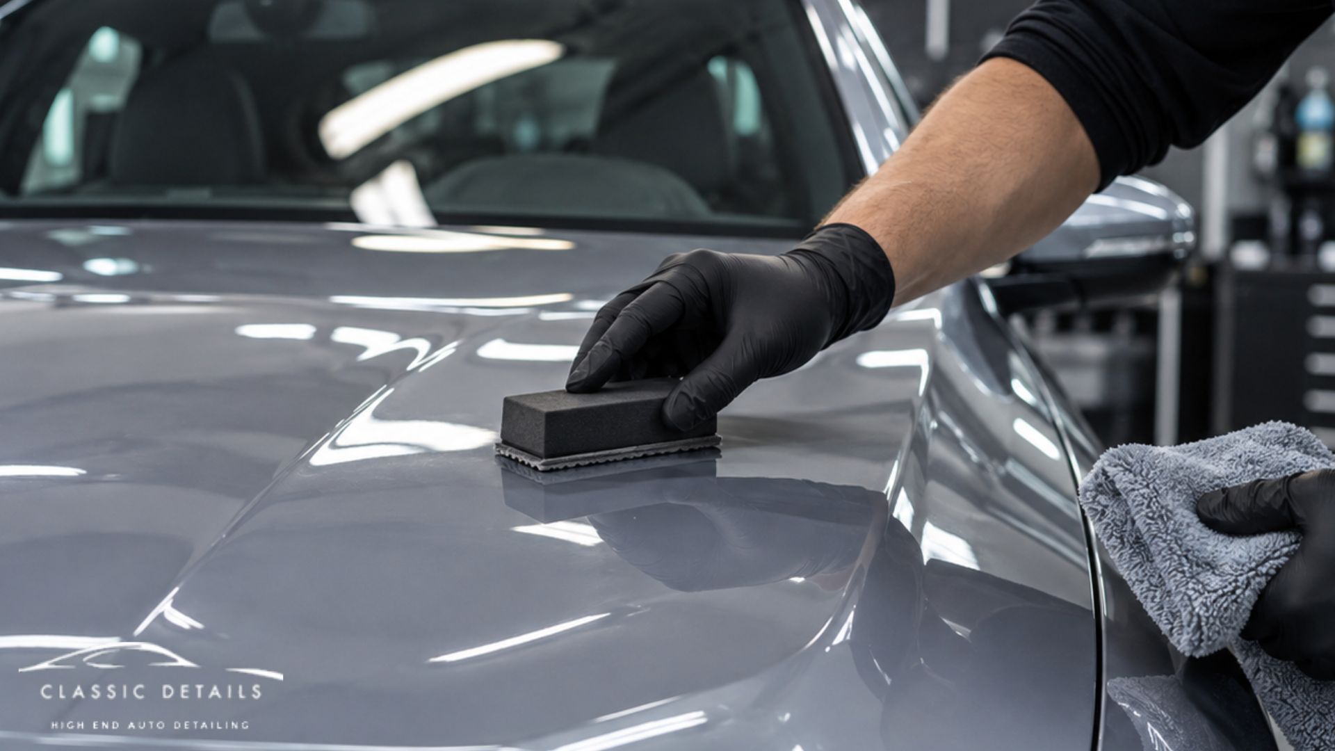 Detailer applies ceramic coating to a gray car hood with an applicator pad while holding a microfiber towel.