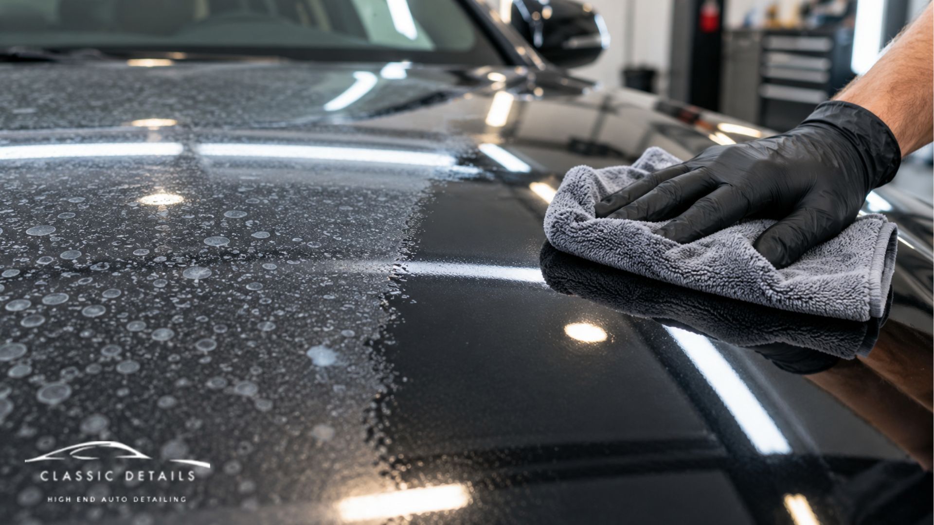 Detailer wipes visible water spots from a dark car hood with a microfiber towel. The surface shows mineral residue left behind after water has dried.