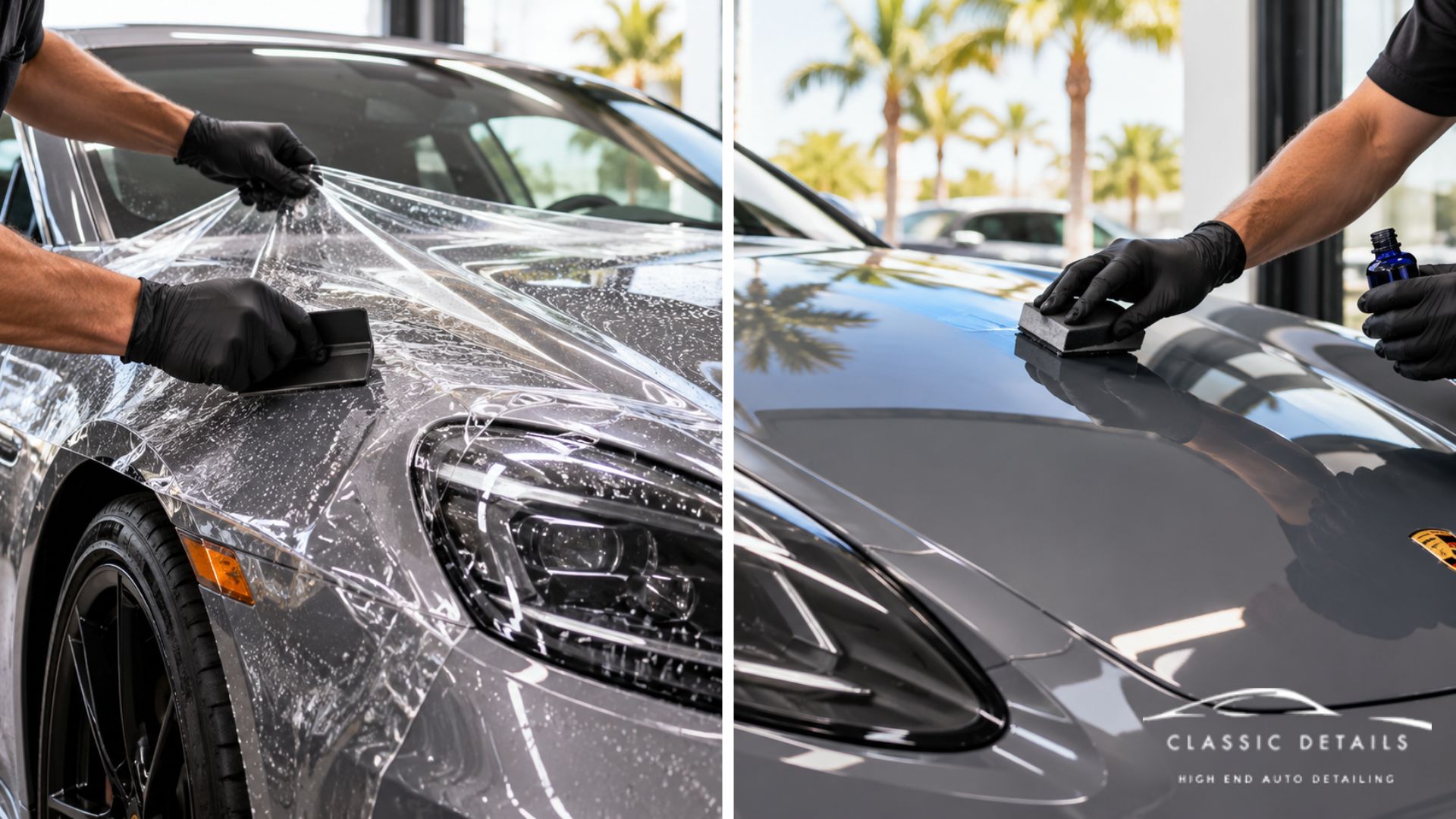 Split-screen image showing paint protection film being installed on the left side of a gray car and ceramic coating being applied on the right side of a gray Porsche hood.