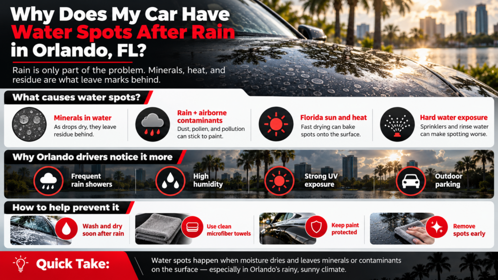 Infographic titled "Why Does My Car Have Water Spots After Rain in Orlando, FL." It explains common causes of water spots and ways to help prevent them.